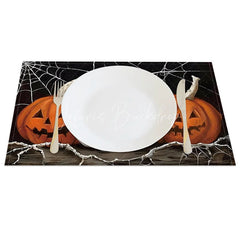 Lofaris White and Orange Cobweb Jack-O’-Lantern Set of 4 Placemats for Halloween Party Decorations