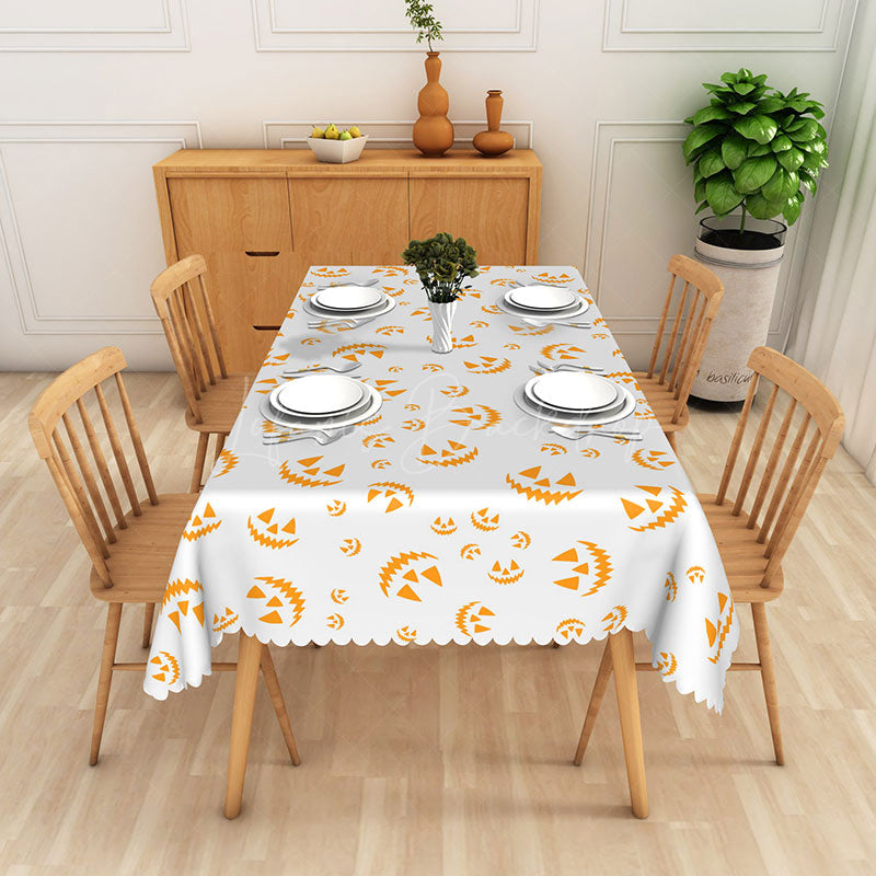 Lofaris White and Orange Jack O’ Lantern Halloween Rectangle Tablecloth for Fall Harvest Spooky Party Decor