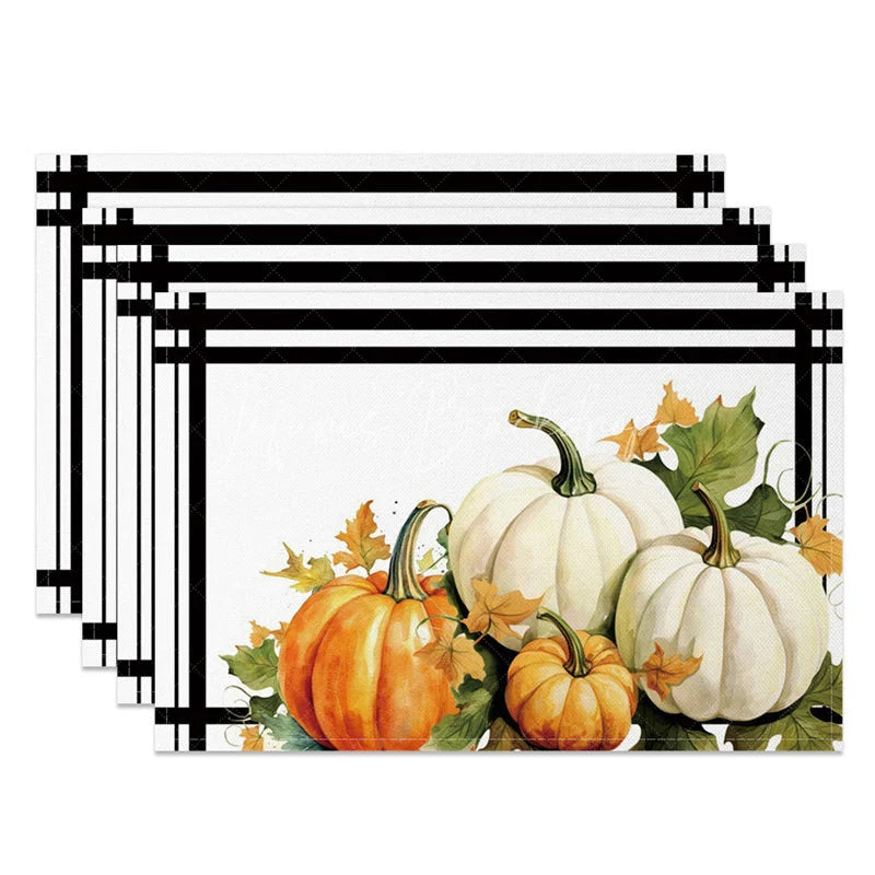 Lofaris White and Orange Pumpkin with Greenery Set of 4 Placemats for Modern Fall Thanksgiving Decor