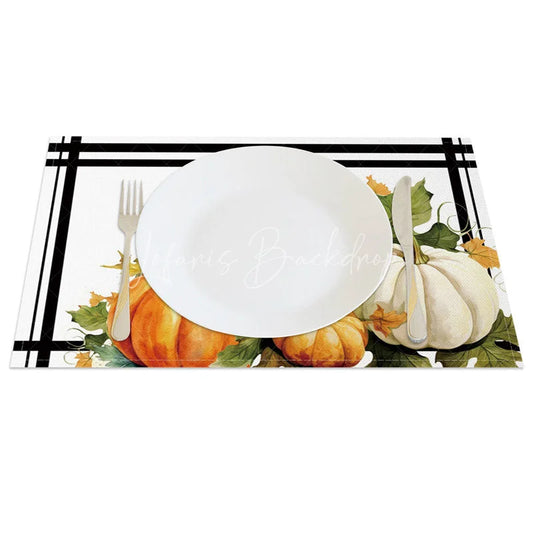 Lofaris White and Orange Pumpkin with Greenery Set of 4 Placemats for Modern Fall Thanksgiving Decor