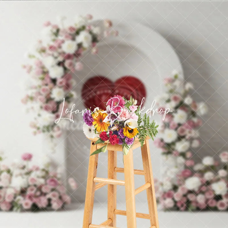Lofaris White Arch with Pink and Floral Arrangements Red Heart Photography Backdrop Romantic Valentine’s Day Decor