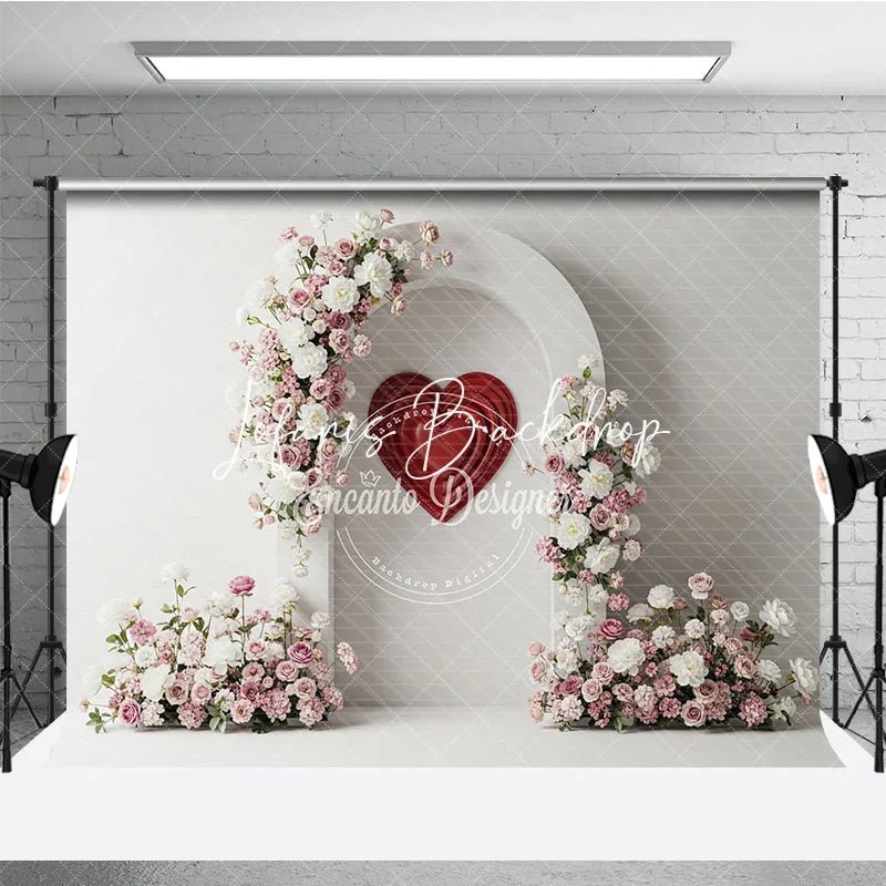 Lofaris White Arch with Pink and Floral Arrangements Red Heart Photography Backdrop Romantic Valentine’s Day Decor