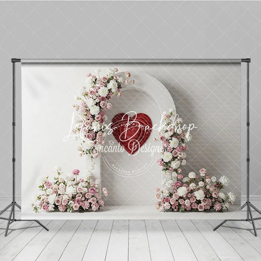 Lofaris White Arch with Pink and Floral Arrangements Red Heart Photography Backdrop Romantic Valentine’s Day Decor