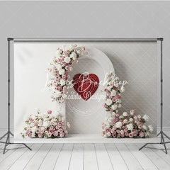 Lofaris White Arch with Pink and Floral Arrangements Red Heart Photography Backdrop Romantic Valentine’s Day Decor