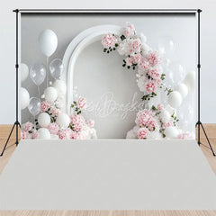 Lofaris White Arch with Pink Peonies and Balloons Combo Set Backdrop Elegant Floral Wedding Photo Background