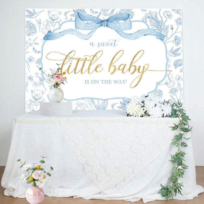 Lofaris White Blue Bear Floral Sweet Little Baby Backdrop