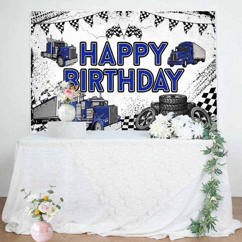 Lofaris White Blue Semi Truck Happy Birthday Backdrop For Boy