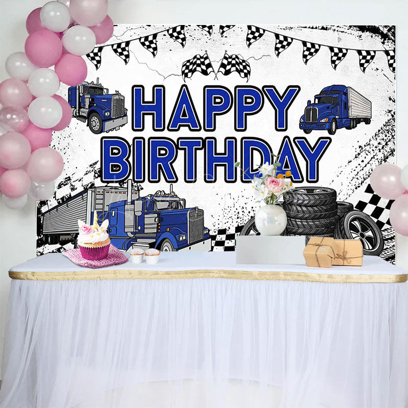 Lofaris White Blue Semi Truck Happy Birthday Backdrop For Boy