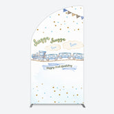 Lofaris White Blue Train Happy 2nd Birthday Half Moon Arch Backdrop
