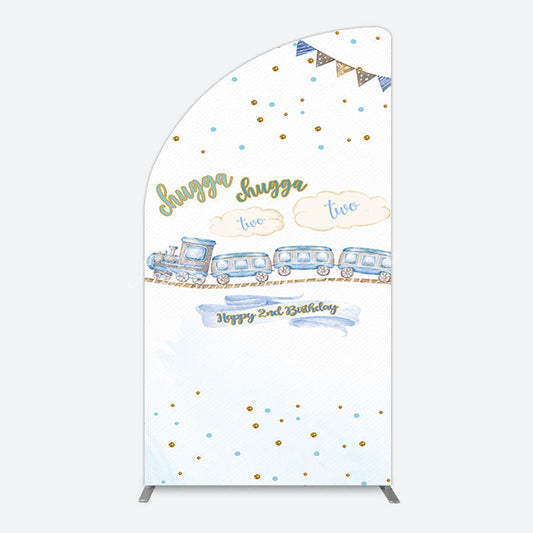 Lofaris White Blue Train Happy 2nd Birthday Half Moon Arch Backdrop