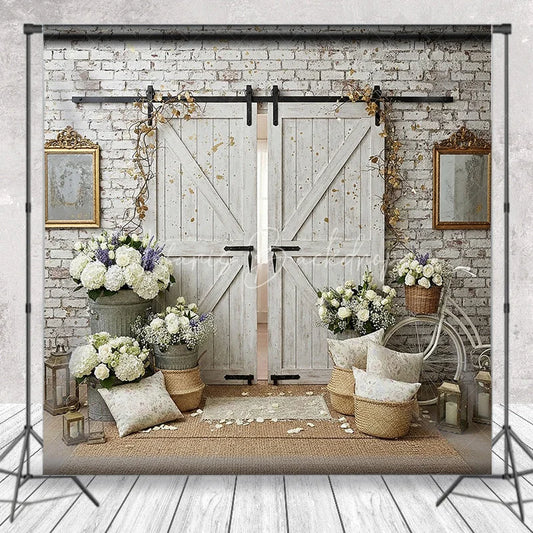 Lofaris White Brick Wall and Rustic Barn Doors Photography Backdrop with Elegant Floral Arrangements Wedding Event Decor