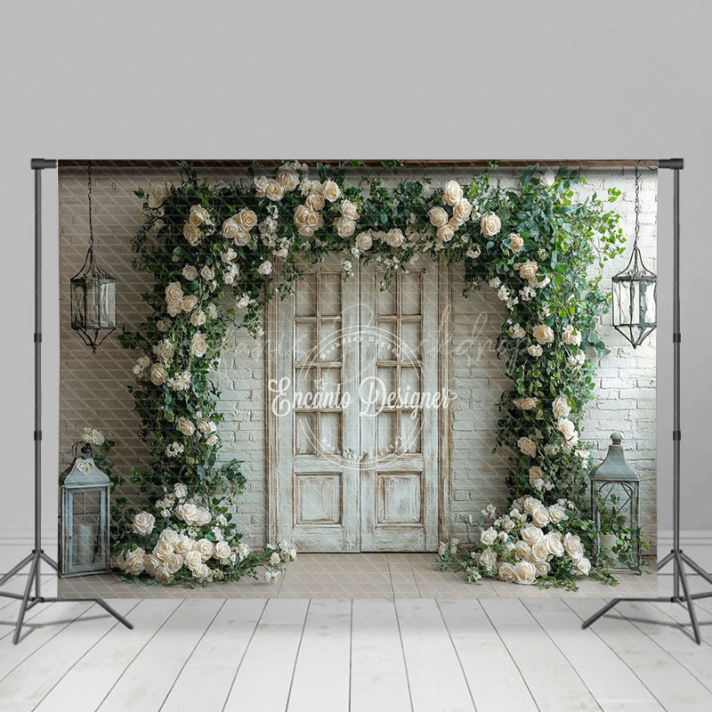 Lofaris White Brick Wall Floral Arch Greeny Spring Backdrop