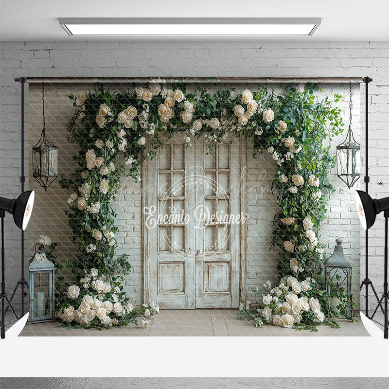 Lofaris White Brick Wall Floral Arch Greeny Spring Backdrop