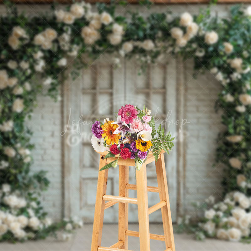 Lofaris White Brick Wall Floral Arch Greeny Spring Backdrop