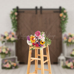 Lofaris White Brick Wall Floral Wood Door Wedding Backdrop