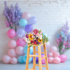 Lofaris White Brick Wall Photography Backdrop with Pastel Balloons Floral Decor for Birthday Baby Shower Photo Booth