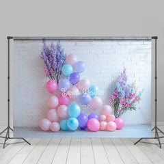 Lofaris White Brick Wall Photography Backdrop with Pastel Balloons Floral Decor for Birthday Baby Shower Photo Booth