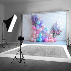 Lofaris White Brick Wall Photography Backdrop with Pastel Balloons Floral Decor for Birthday Baby Shower Photo Booth