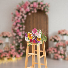 Lofaris White Brick Wall Pink Floral Wood Door Wedding Backdrop