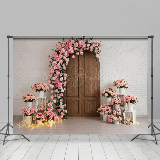 Lofaris White Brick Wall Pink Floral Wood Door Wedding Backdrop