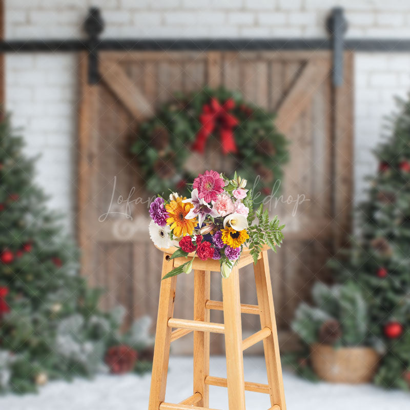 Lofaris White Brick Wood Wreath Door Tree Christmas Backdrop