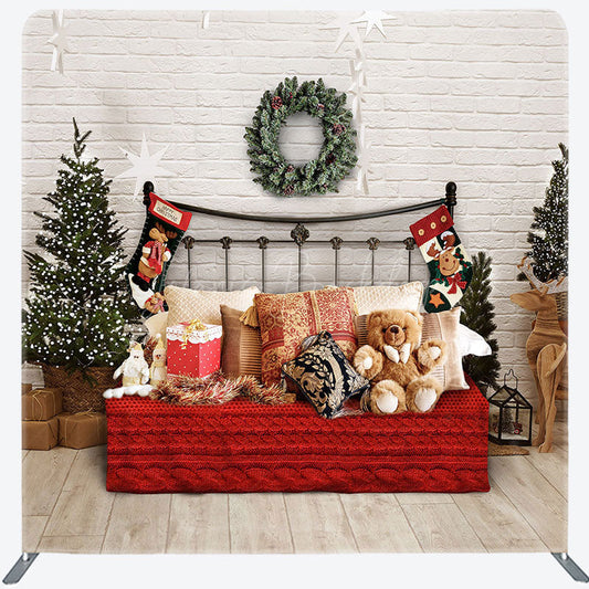 Lofaris White Bricks Bed Christmas Tension Fabric Backdrop