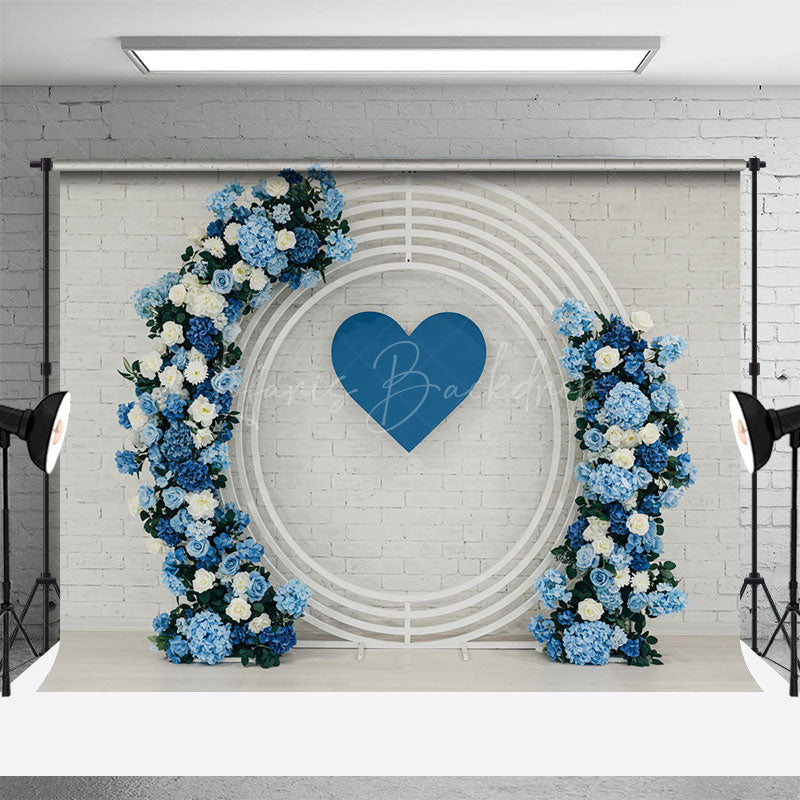 Lofaris White Bricks Wall Blue Circle Floral Wedding Backdrop