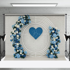 Lofaris White Bricks Wall Blue Circle Floral Wedding Backdrop