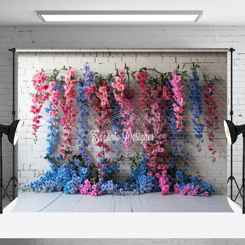 Lofaris White Bricks Wall Blue Pink Vine Floral Backdrop