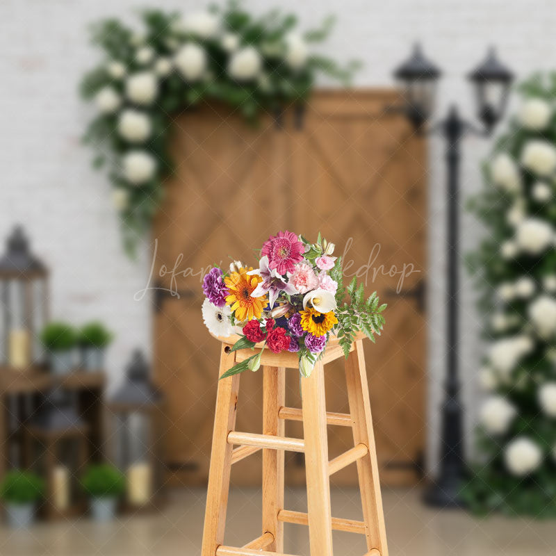 Lofaris White Bricks Wall Floral Wood Door Photo Backdrop