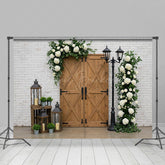 Lofaris White Bricks Wall Floral Wood Door Photo Backdrop
