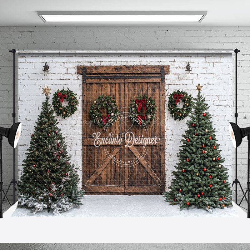 Lofaris White Bricks Wall Wood Door Trees Christmas Backdrop