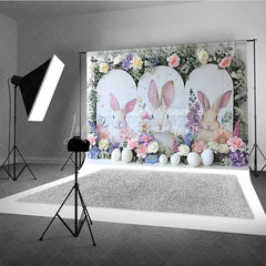 Lofaris White Bunny Peeking Backdrop Spring Floral Bloom and Easter Eggs Portrait Decoration