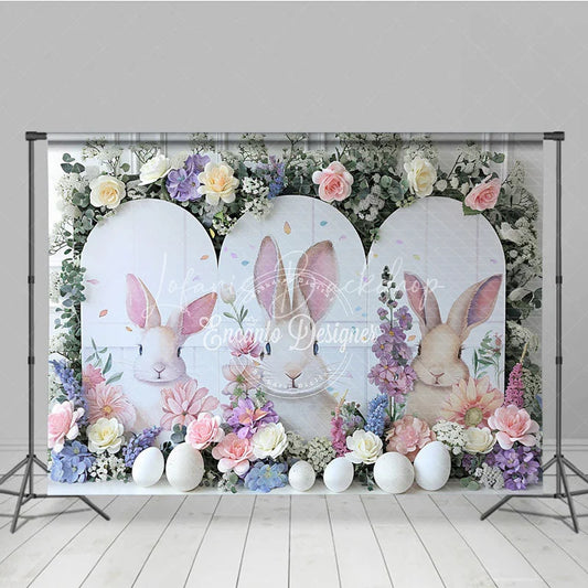 Lofaris White Bunny Peeking Backdrop Spring Floral Bloom and Easter Eggs Portrait Decoration