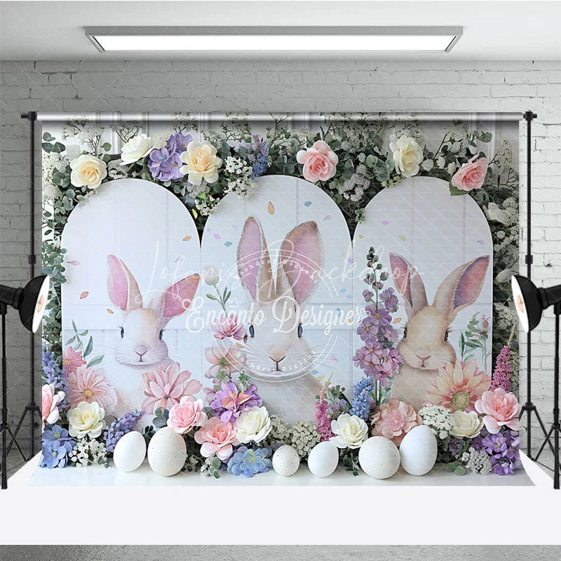Lofaris White Bunny Peeking Backdrop Spring Floral Bloom and Easter Eggs Portrait Decoration