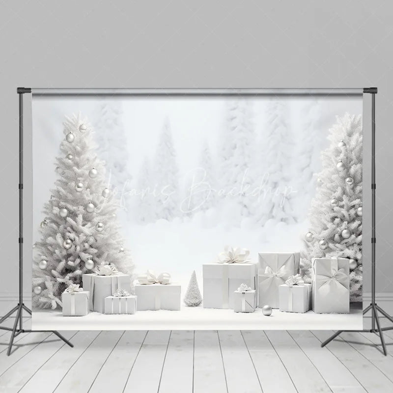 Lofaris White Christmas Backdrop Snowy Forest Silver Ornament Photography Background Winter Wonderland Holiday Party Decoration Prop