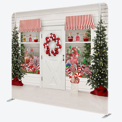 Lofaris White Christmas Candy Store Tension Fabric Backdrop