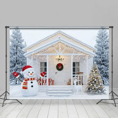 Lofaris White Christmas Porch Backdrop Snowman and Reindeer Silver Xmas Tree Winter Holiday Photography Props