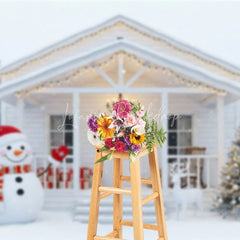 Lofaris White Christmas Porch Backdrop Snowman and Reindeer Silver Xmas Tree Winter Holiday Photography Props