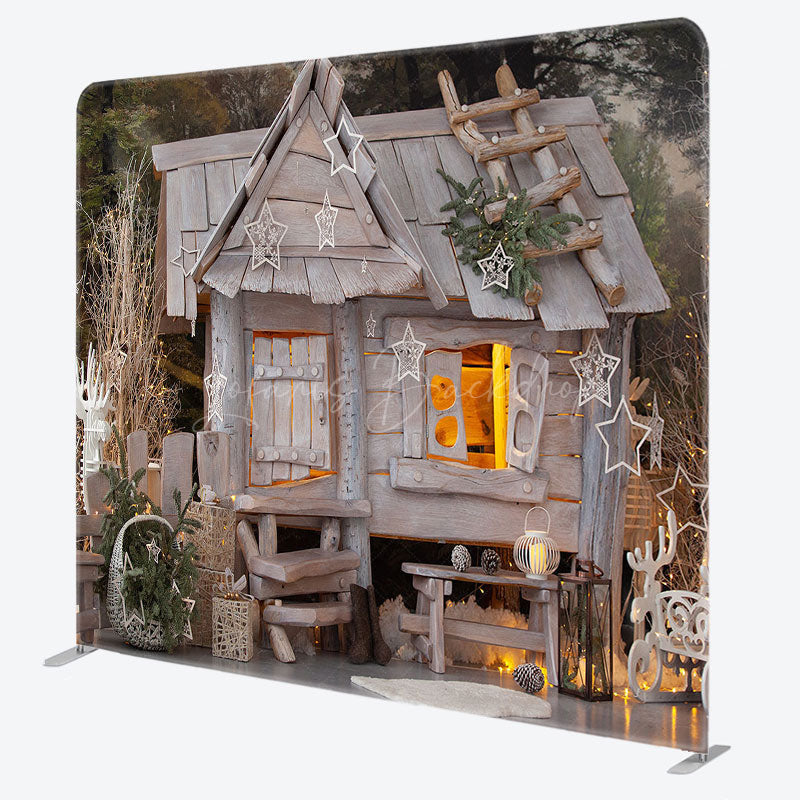 Lofaris White Christmas Wooden House Tension Fabric Backdrop