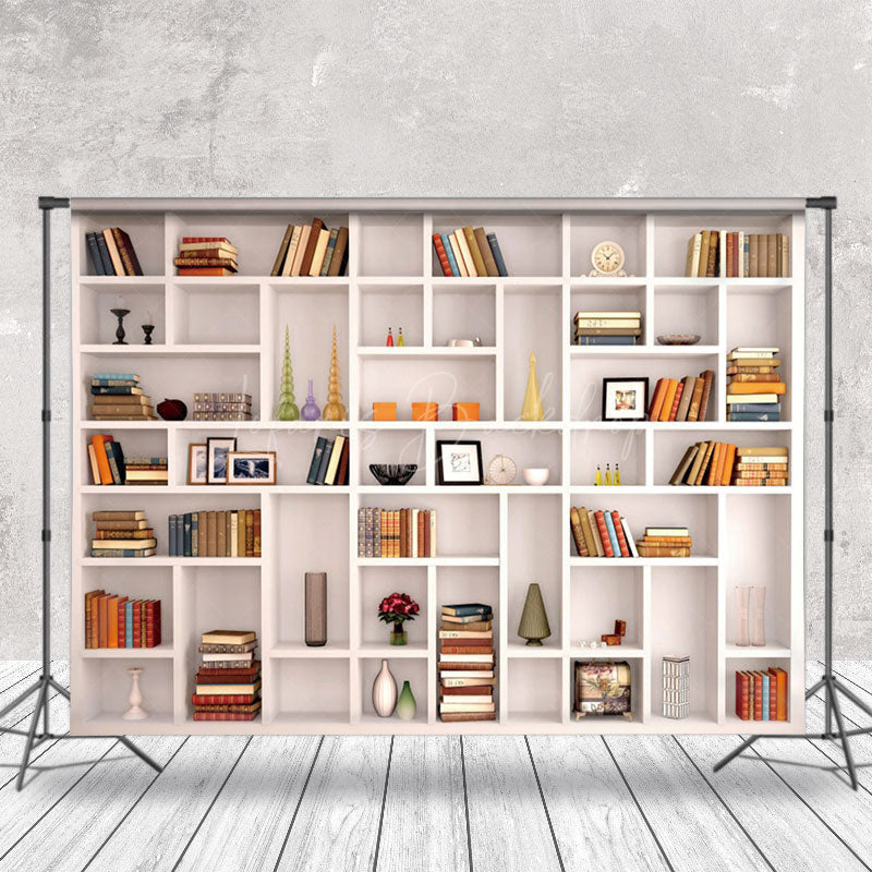 Lofaris White Clean Cabinet Photos Books Candle Backdrop