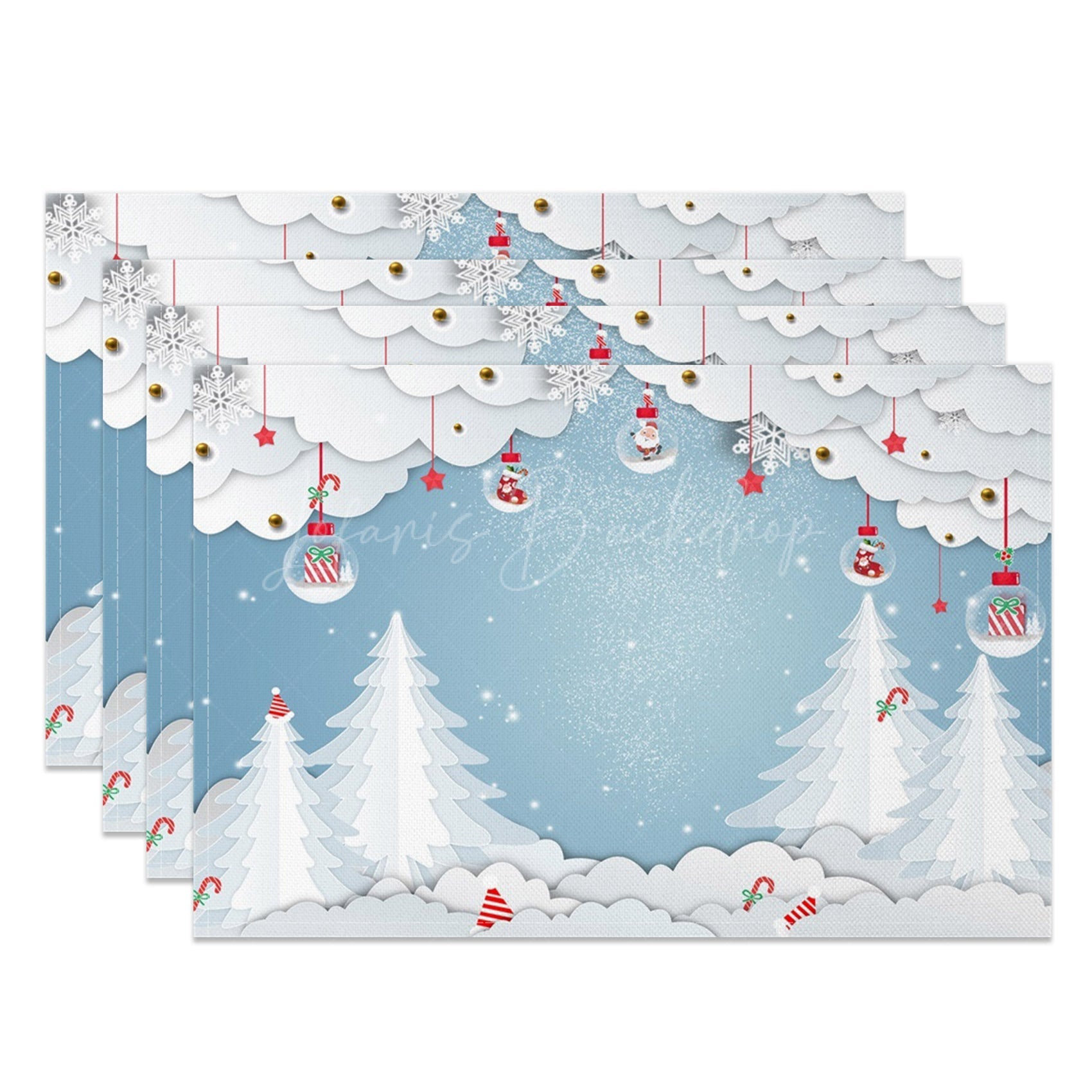 Lofaris White Cloud Trees Bauble Blue Xmas Set Of 4 Placemats
