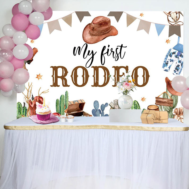 Lofaris White Cowboy My First Rodeo Birthday Backdrop