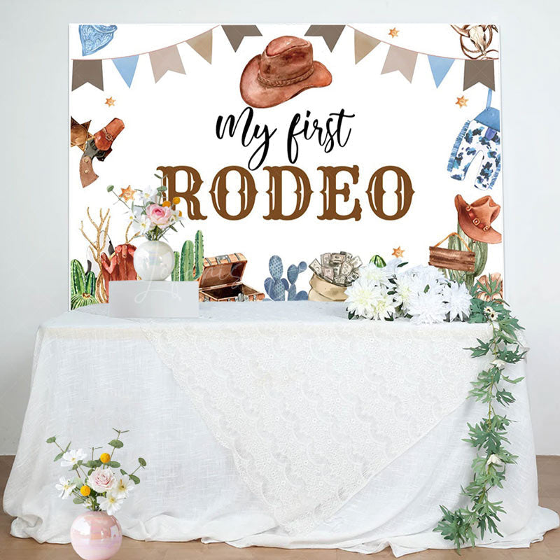 Lofaris White Cowboy My First Rodeo Birthday Backdrop