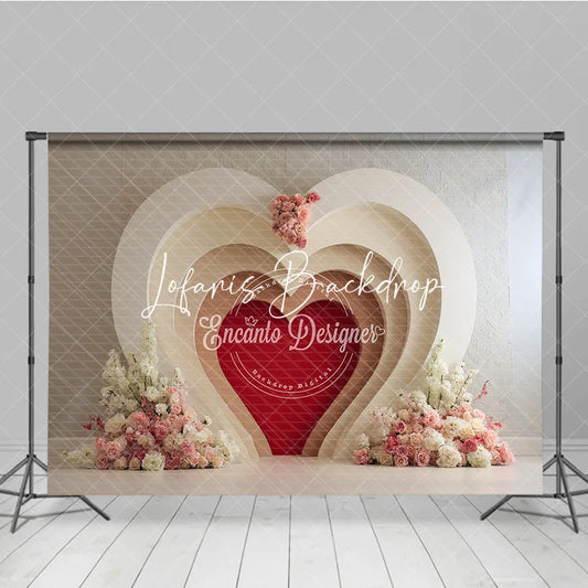 Lofaris White Cream Layered Heart Arch Red Photography Backdrop with Pink Floral Romantic Valentine’s Day Wedding Decor