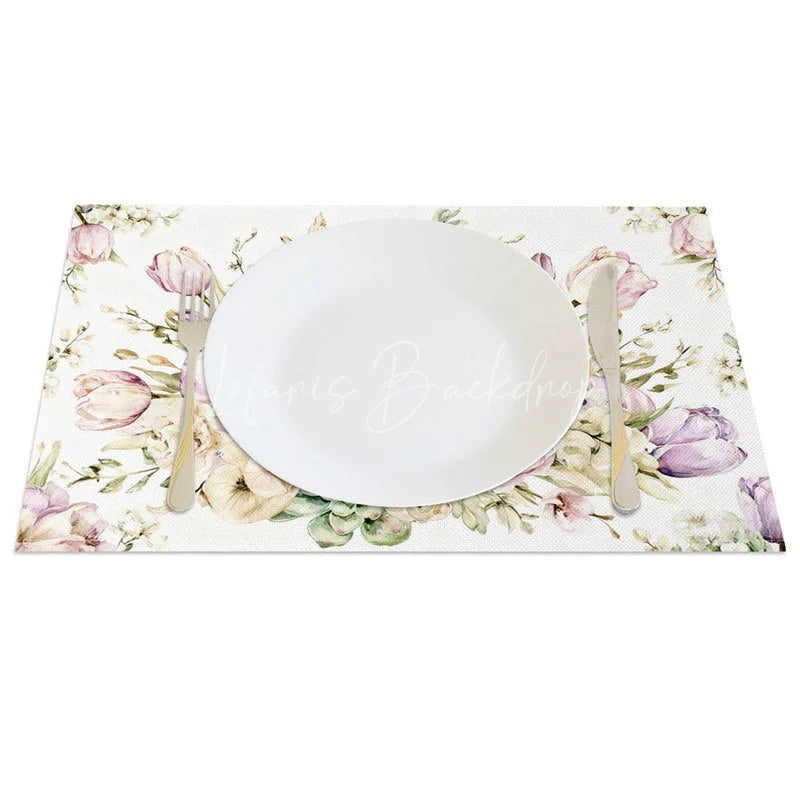 Lofaris White Cross Floral Rabbit Set of 4 Placemats Religious Easter Bunny Table Mats for Spring Party