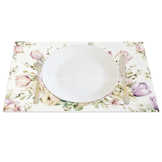 Lofaris White Cross Floral Rabbit Set of 4 Placemats Religious Easter Bunny Table Mats for Spring Party