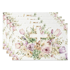 Lofaris White Cross Floral Rabbit Set of 4 Placemats Religious Easter Bunny Table Mats for Spring Party