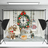 Lofaris White Curtain Christmas Dolls Wreath Photo Backdrop