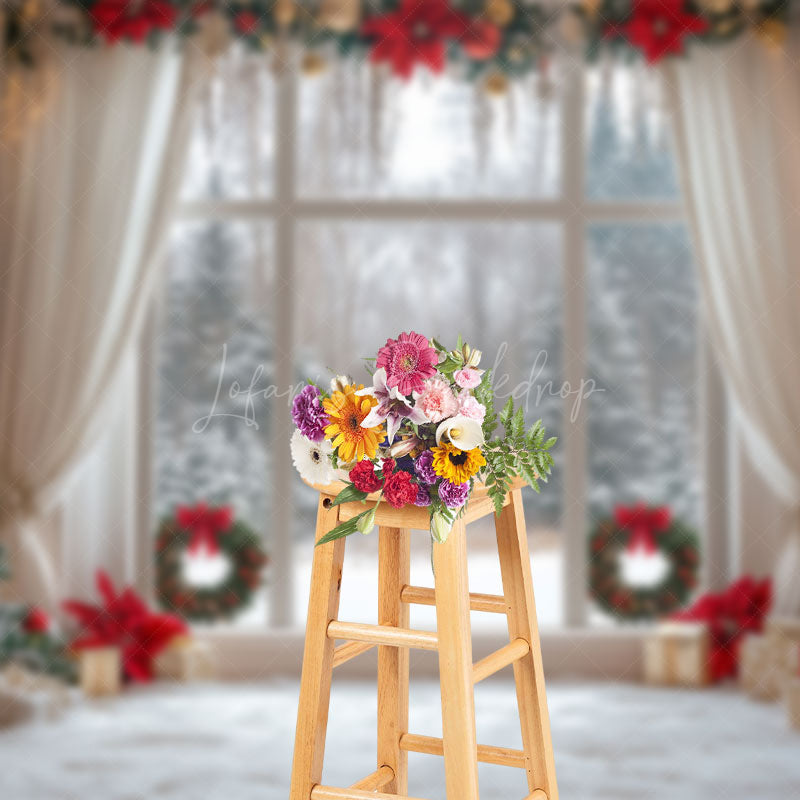 Lofaris White Curtain Christmas Trees Window Scene Backdrop